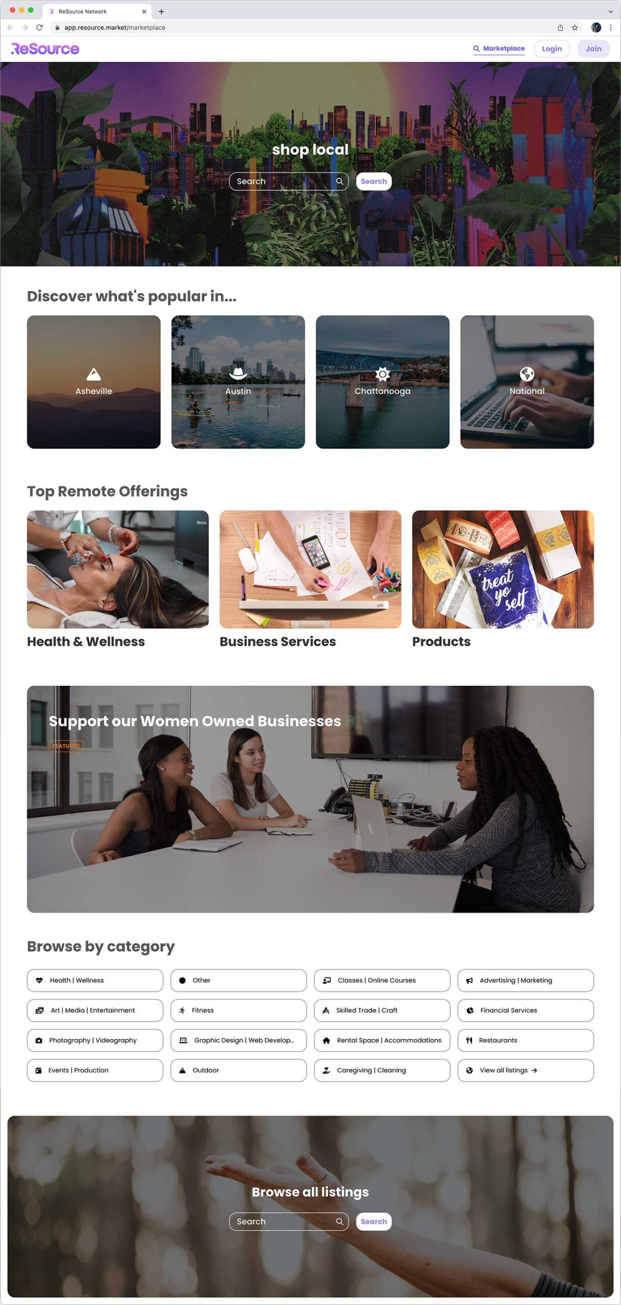 ReSource Network marketplace landing page
